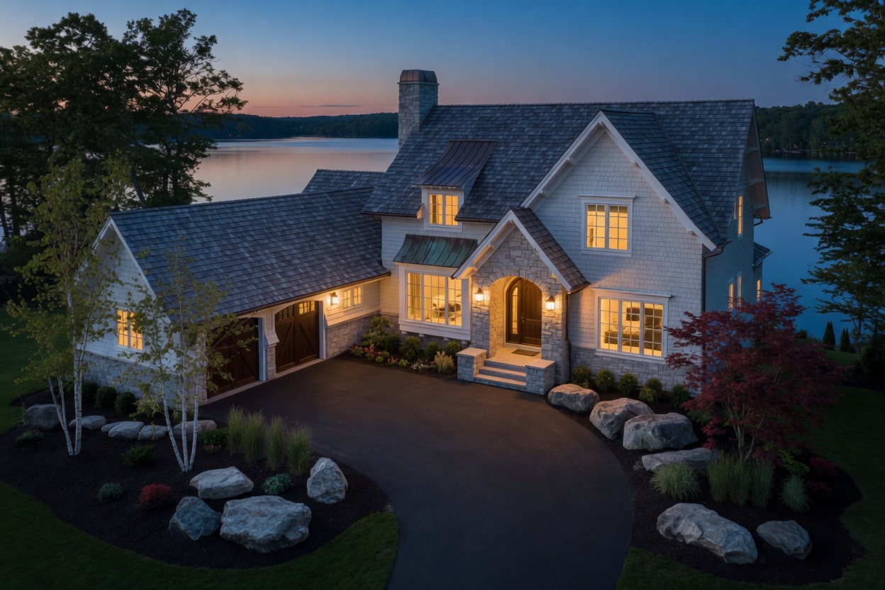 A lake house after dark, interior lights on, no one home