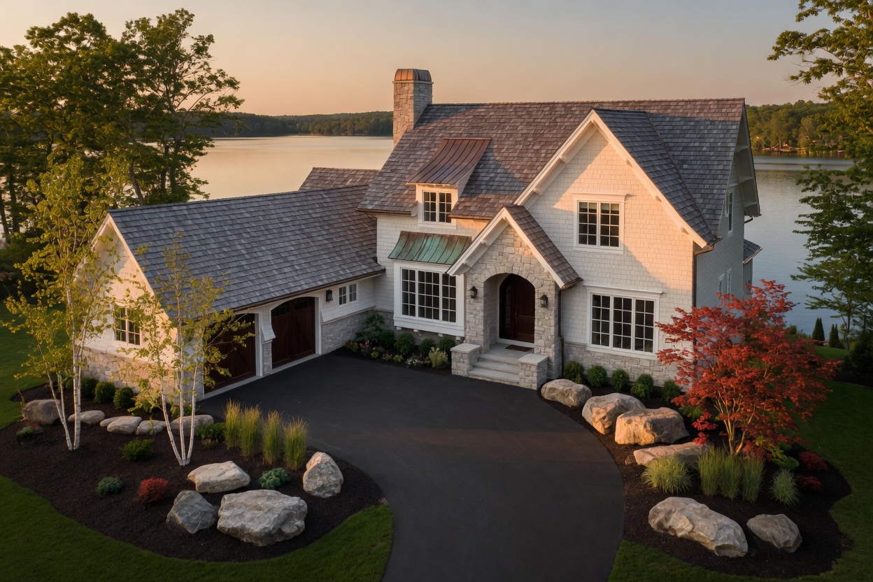 A shingle-style home on the water
