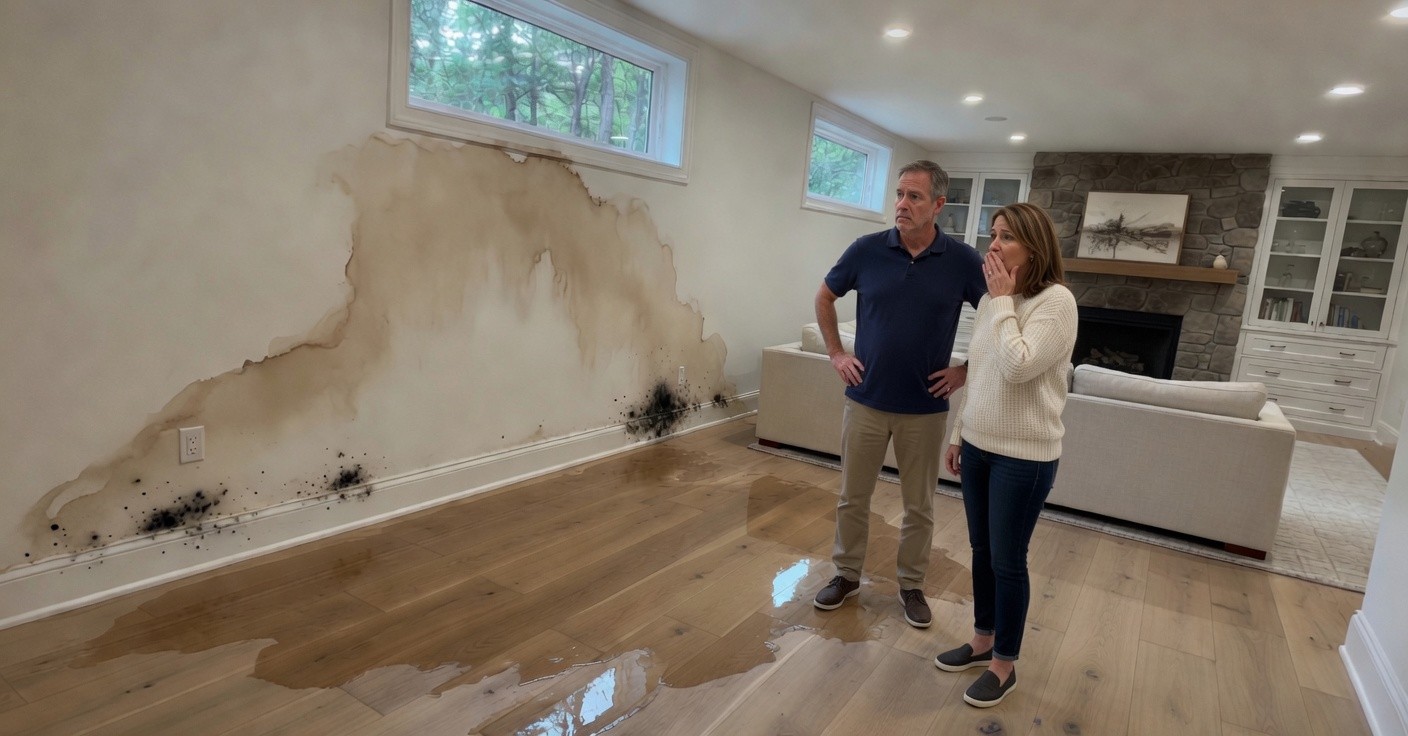 Finished basement in a high-end home, water on the floor and mold starting on the drywall