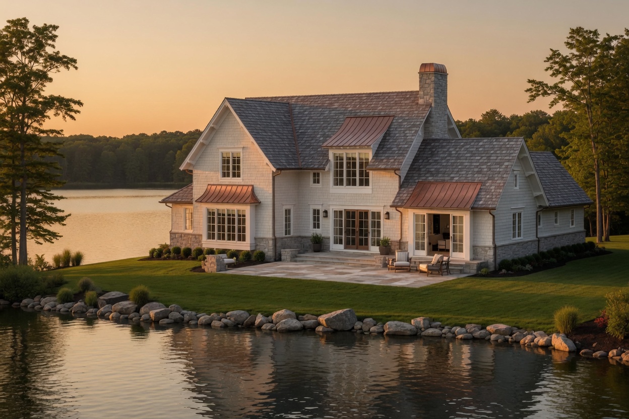The same shingle lake house, viewed from the water
